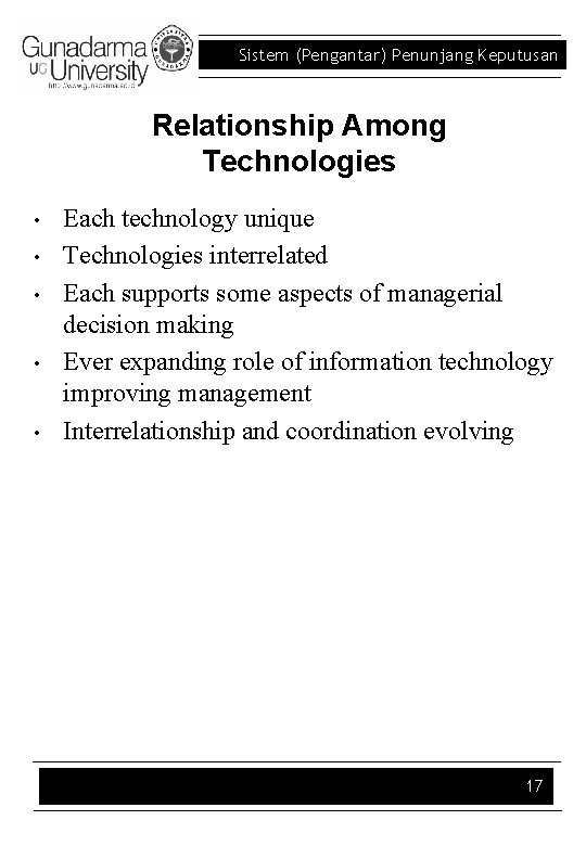 Sistem (Pengantar) Penunjang Keputusan Relationship Among Technologies • • • Each technology unique Technologies