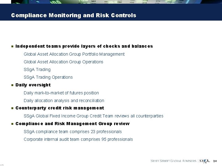 SP 5 Compliance Monitoring and Risk Controls n Independent teams provide layers of checks
