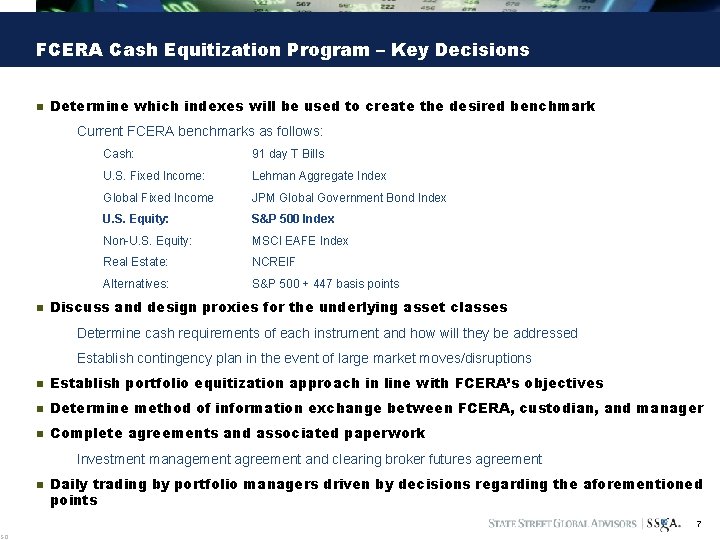 SO FCERA Cash Equitization Program – Key Decisions n Determine which indexes will be