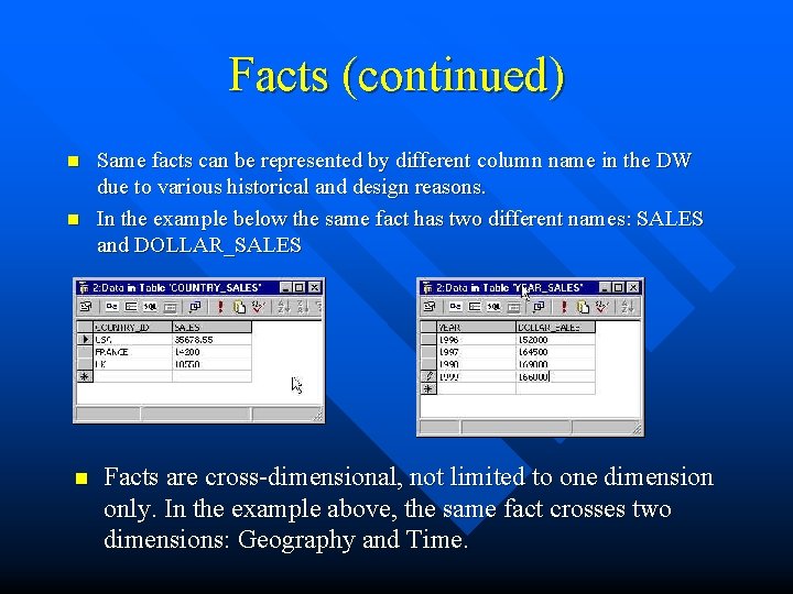 Facts (continued) n n n Same facts can be represented by different column name