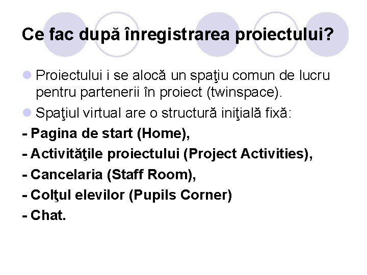 Ce fac după înregistrarea proiectului? l Proiectului i se alocă un spaţiu comun de