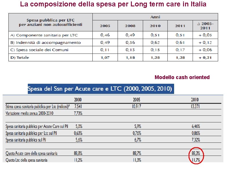 La composizione della spesa per Long term care in Italia Modello cash oriented 