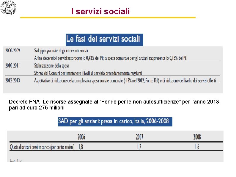 I servizi sociali Decreto FNA Le risorse assegnate al “Fondo per le non autosufficienze”