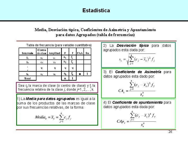 Estadística Media, Desviación típica, Coeficientes de Asimetría y Apuntamiento para datos Agrupados (tabla de