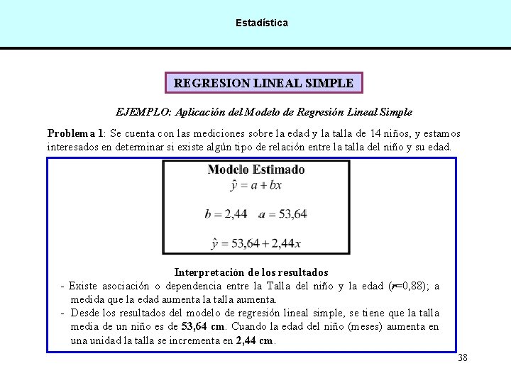 Estadística REGRESION LINEAL SIMPLE EJEMPLO: Aplicación del Modelo de Regresión Lineal Simple Problema 1: