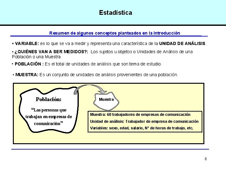 Estadística Resumen de algunos conceptos planteados en la Introducción • VARIABLE: es lo que