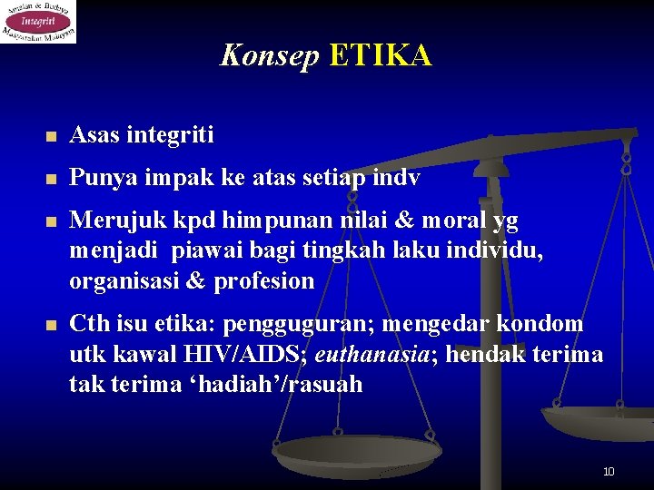 Konsep ETIKA n Asas integriti n Punya impak ke atas setiap indv n Merujuk