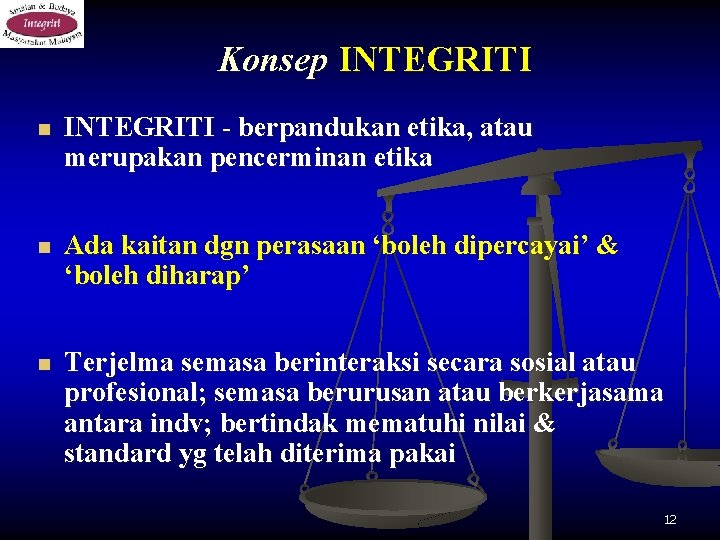 Konsep INTEGRITI n INTEGRITI - berpandukan etika, atau merupakan pencerminan etika n Ada kaitan