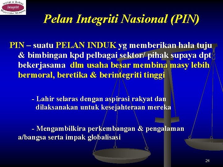 Pelan Integriti Nasional (PIN) PIN – suatu PELAN INDUK yg memberikan hala tuju &