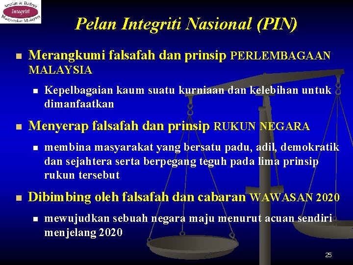 Pelan Integriti Nasional (PIN) n Merangkumi falsafah dan prinsip PERLEMBAGAAN MALAYSIA n n Menyerap