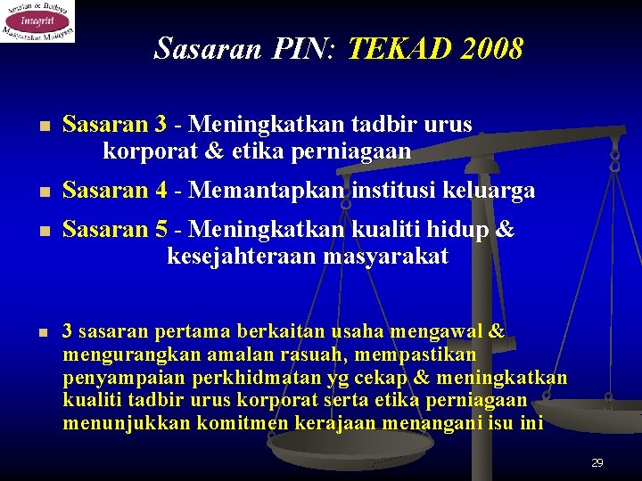 Sasaran PIN: TEKAD 2008 n Sasaran 3 - Meningkatkan tadbir urus korporat & etika