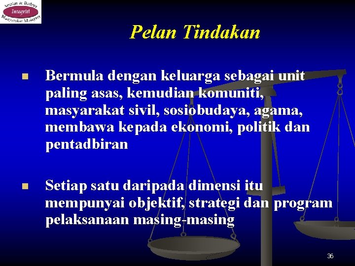 Pelan Tindakan n Bermula dengan keluarga sebagai unit paling asas, kemudian komuniti, masyarakat sivil,