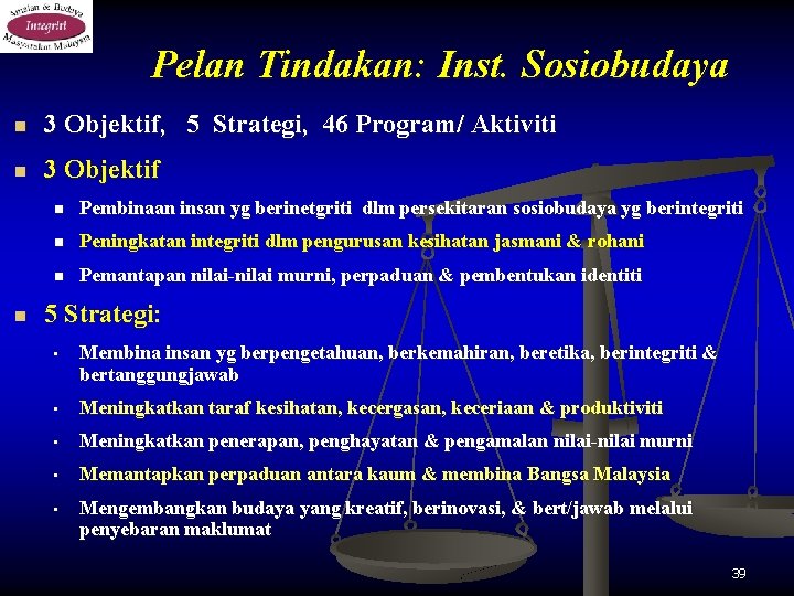 Pelan Tindakan: Inst. Sosiobudaya n 3 Objektif, 5 Strategi, 46 Program/ Aktiviti n 3