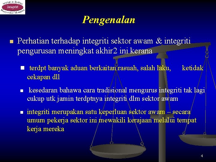 Pengenalan n Perhatian terhadap integriti sektor awam & integriti pengurusan meningkat akhir 2 ini