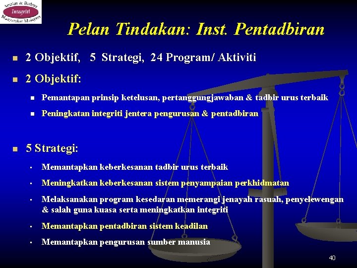 Pelan Tindakan: Inst. Pentadbiran n 2 Objektif, 5 Strategi, 24 Program/ Aktiviti n 2