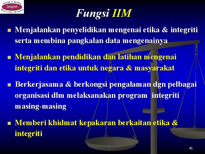 Fungsi IIM n Menjalankan penyelidikan mengenai etika & integriti serta membina pangkalan data mengenainya