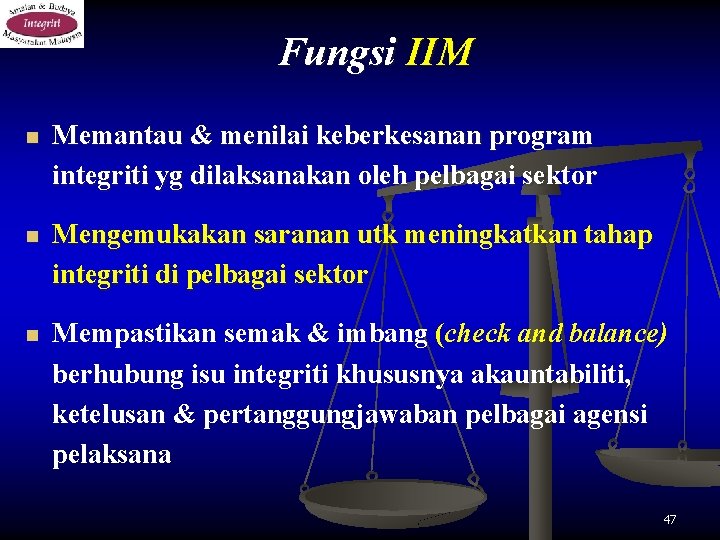 Fungsi IIM n Memantau & menilai keberkesanan program integriti yg dilaksanakan oleh pelbagai sektor