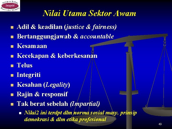 Nilai Utama Sektor Awam n n n n n Adil & keadilan (justice &