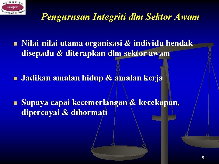 Pengurusan Integriti dlm Sektor Awam n Nilai-nilai utama organisasi & individu hendak disepadu &