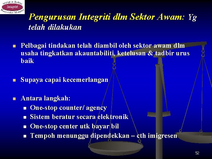 Pengurusan Integriti dlm Sektor Awam: Yg telah dilakukan n Pelbagai tindakan telah diambil oleh