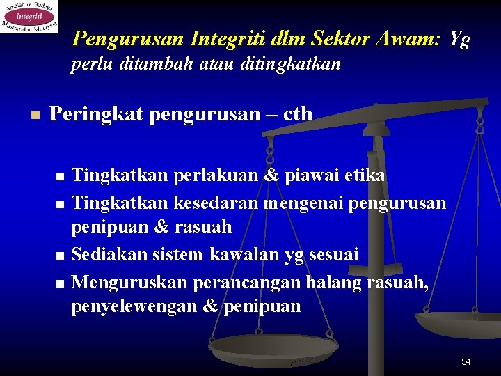 Pengurusan Integriti dlm Sektor Awam: Yg perlu ditambah atau ditingkatkan n Peringkat pengurusan –