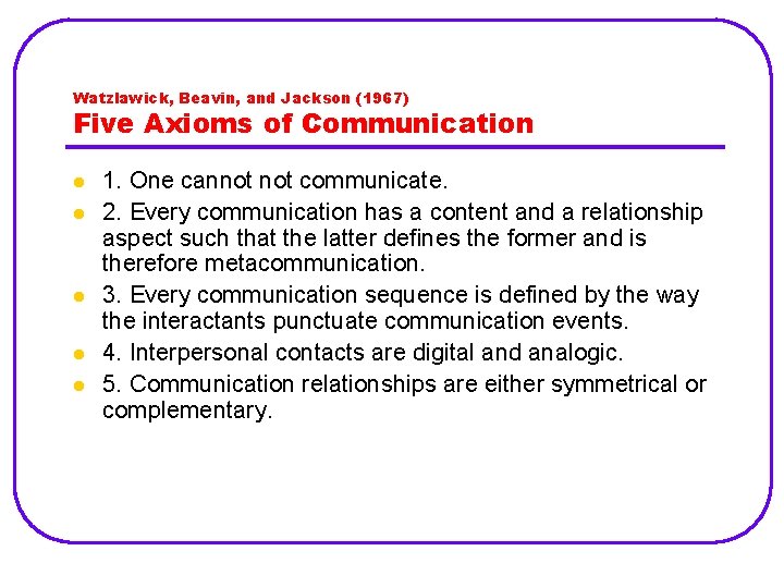 Watzlawick, Beavin, and Jackson (1967) Five Axioms of Communication l l l 1. One
