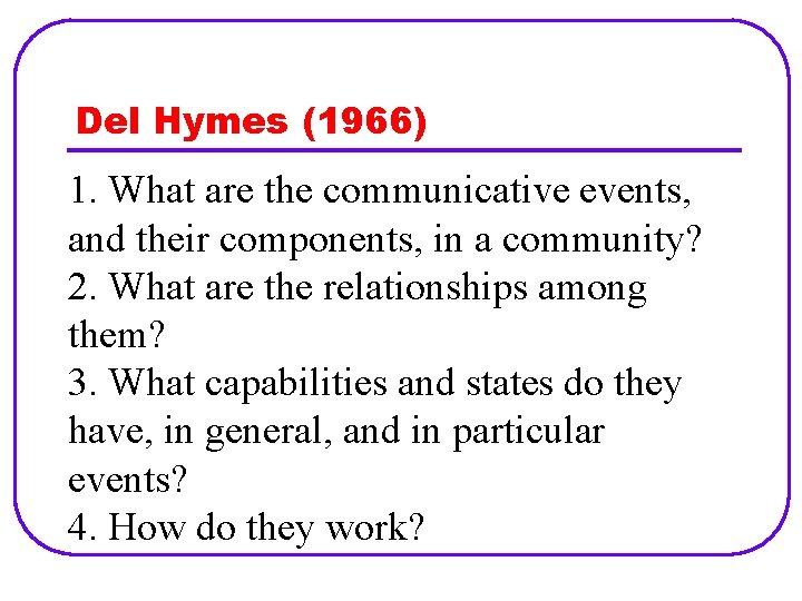 Del Hymes (1966) 1. What are the communicative events, and their components, in a Del Hymes (1966) 1. What are the communicative events, and their components, in a