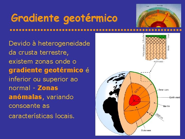 Gradiente geotérmico Devido à heterogeneidade da crusta terrestre, existem zonas onde o gradiente geotérmico