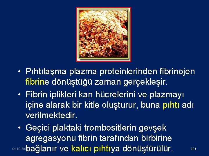  • Pıhtılaşma plazma proteinlerinden fibrinojen fibrine dönüştüğü zaman gerçekleşir. • Fibrin iplikleri kan