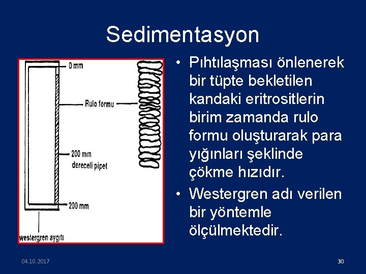 Sedimentasyon • Pıhtılaşması önlenerek bir tüpte bekletilen kandaki eritrositlerin birim zamanda rulo formu oluşturarak