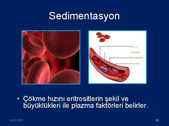 Sedimentasyon • Çökme hızını eritrositlerin şekil ve büyüklükleri ile plazma faktörleri belirler. 04. 10.