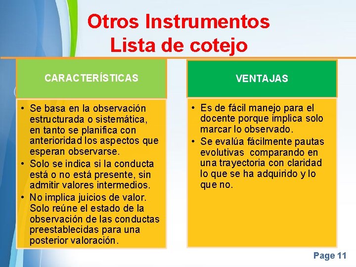 Otros Instrumentos Lista de cotejo CARACTERÍSTICAS • Se basa en la observación estructurada o Otros Instrumentos Lista de cotejo CARACTERÍSTICAS • Se basa en la observación estructurada o