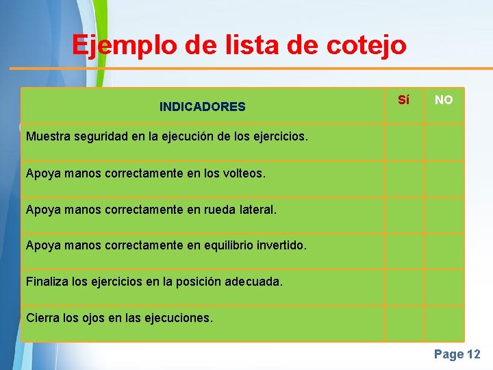 Ejemplo de lista de cotejo INDICADORES Sí NO Muestra seguridad en la ejecución de Ejemplo de lista de cotejo INDICADORES Sí NO Muestra seguridad en la ejecución de