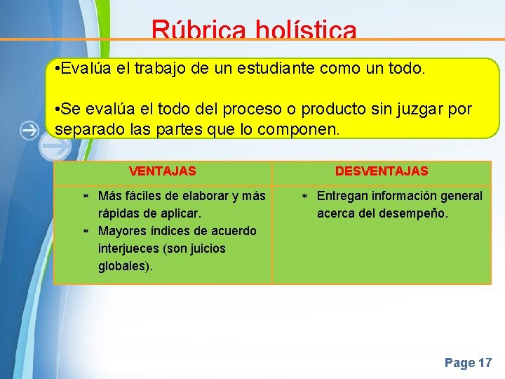 Rúbrica holística • Evalúa el trabajo de un estudiante como un todo. • Se Rúbrica holística • Evalúa el trabajo de un estudiante como un todo. • Se
