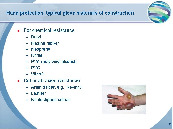 Hand protection, typical glove materials of construction n For chemical resistance – – –