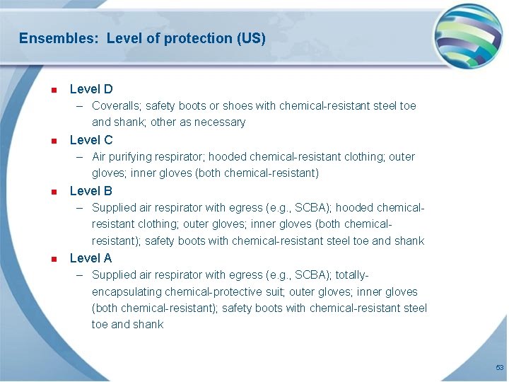 Ensembles: Level of protection (US) n Level D – Coveralls; safety boots or shoes