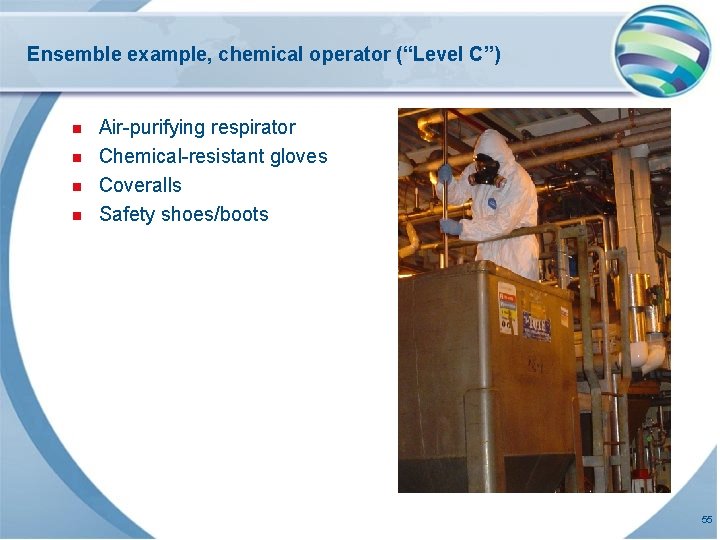 Ensemble example, chemical operator (“Level C”) n n Air-purifying respirator Chemical-resistant gloves Coveralls Safety