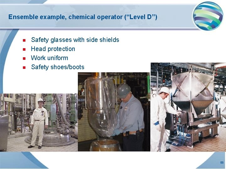Ensemble example, chemical operator (“Level D”) n n Safety glasses with side shields Head