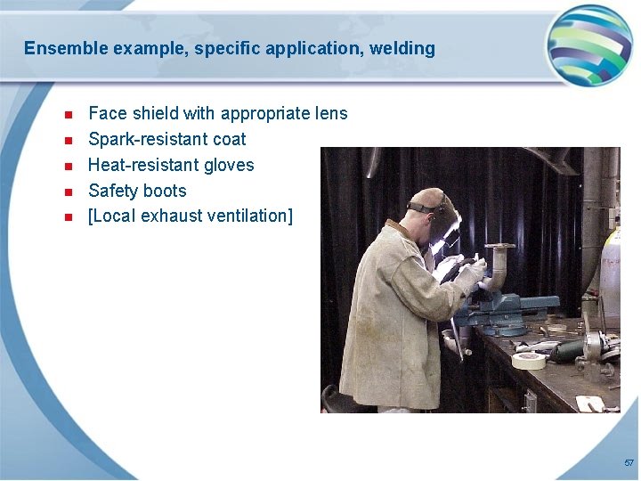 Ensemble example, specific application, welding n n n Face shield with appropriate lens Spark-resistant