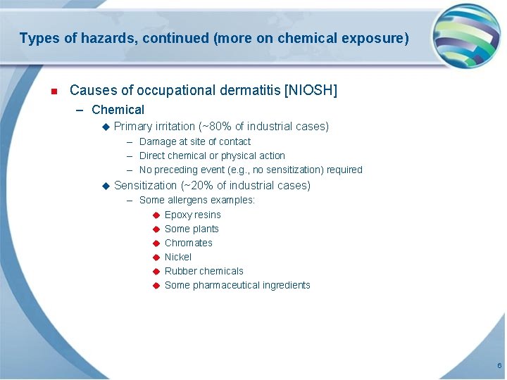 Types of hazards, continued (more on chemical exposure) n Causes of occupational dermatitis [NIOSH]