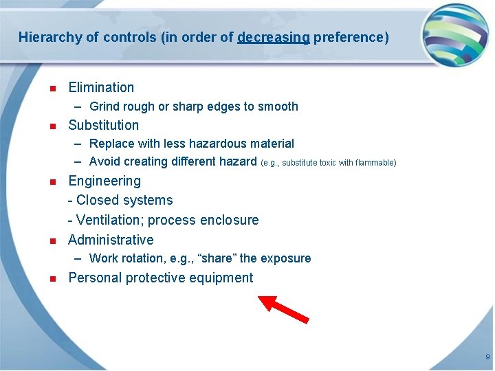 Hierarchy of controls (in order of decreasing preference) n Elimination – Grind rough or