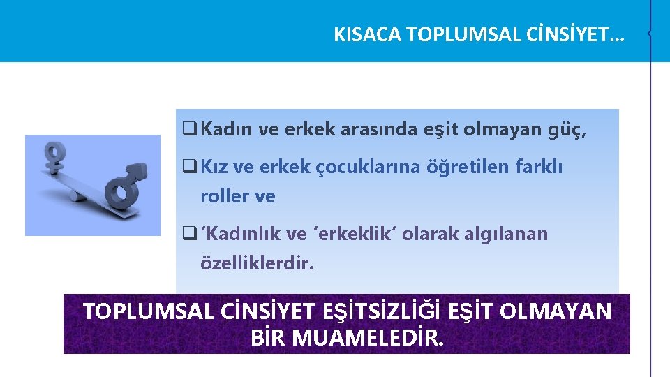 KISACA TOPLUMSAL CİNSİYET… q Kadın ve erkek arasında eşit olmayan güç, q Kız ve KISACA TOPLUMSAL CİNSİYET… q Kadın ve erkek arasında eşit olmayan güç, q Kız ve