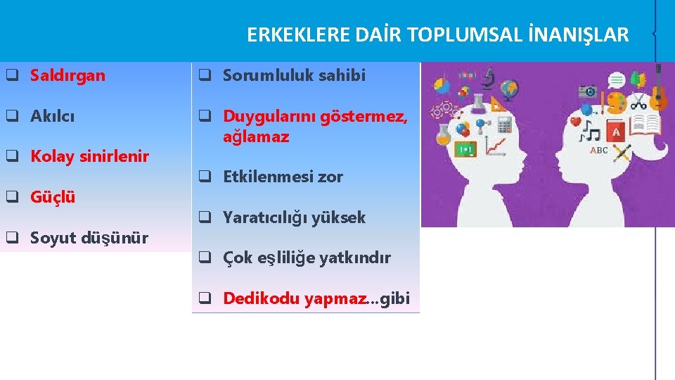 ERKEKLERE DAİR TOPLUMSAL İNANIŞLAR q Saldırgan q Sorumluluk sahibi q Akılcı q Duygularını göstermez, ERKEKLERE DAİR TOPLUMSAL İNANIŞLAR q Saldırgan q Sorumluluk sahibi q Akılcı q Duygularını göstermez,