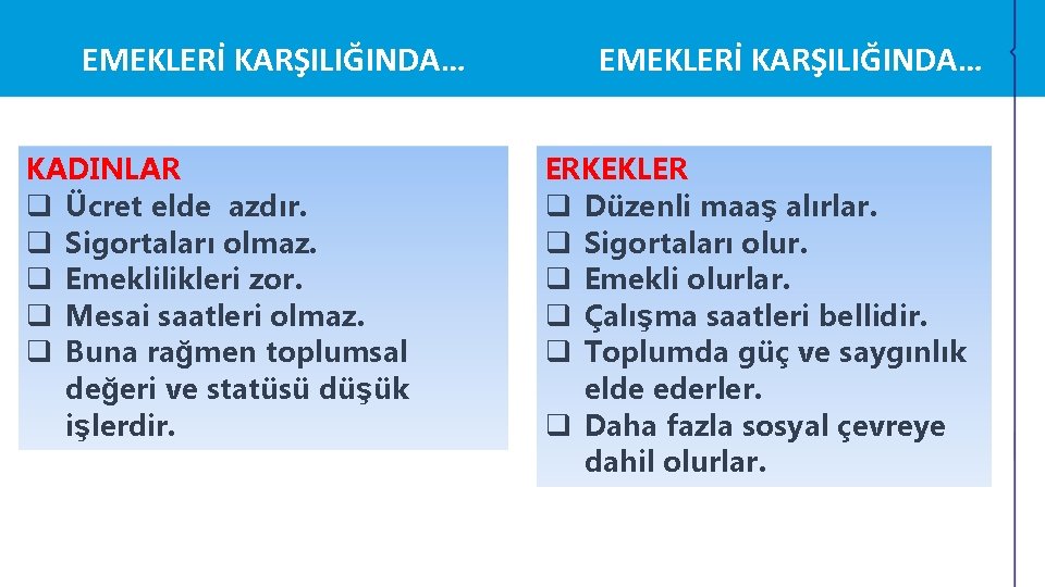 EMEKLERİ KARŞILIĞINDA… KADINLAR q Ücret elde azdır. q Sigortaları olmaz. q Emeklilikleri zor. q EMEKLERİ KARŞILIĞINDA… KADINLAR q Ücret elde azdır. q Sigortaları olmaz. q Emeklilikleri zor. q