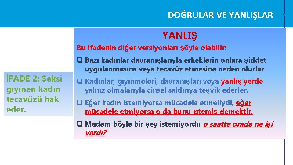 DOĞRULAR VE YANLIŞLAR YANLIŞ Bu ifadenin diğer versiyonları şöyle olabilir: İFADE 2: Seksi giyinen DOĞRULAR VE YANLIŞLAR YANLIŞ Bu ifadenin diğer versiyonları şöyle olabilir: İFADE 2: Seksi giyinen