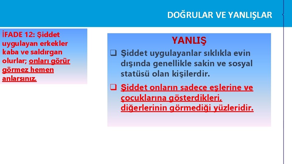 DOĞRULAR VE YANLIŞLAR İFADE 12: Şiddet uygulayan erkekler kaba ve saldırgan olurlar; onları görür DOĞRULAR VE YANLIŞLAR İFADE 12: Şiddet uygulayan erkekler kaba ve saldırgan olurlar; onları görür