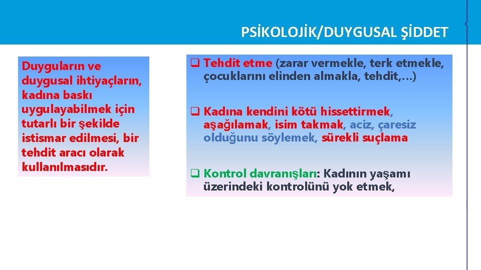 PSİKOLOJİK/DUYGUSAL ŞİDDET Duyguların ve duygusal ihtiyaçların, kadına baskı uygulayabilmek için tutarlı bir şekilde istismar PSİKOLOJİK/DUYGUSAL ŞİDDET Duyguların ve duygusal ihtiyaçların, kadına baskı uygulayabilmek için tutarlı bir şekilde istismar
