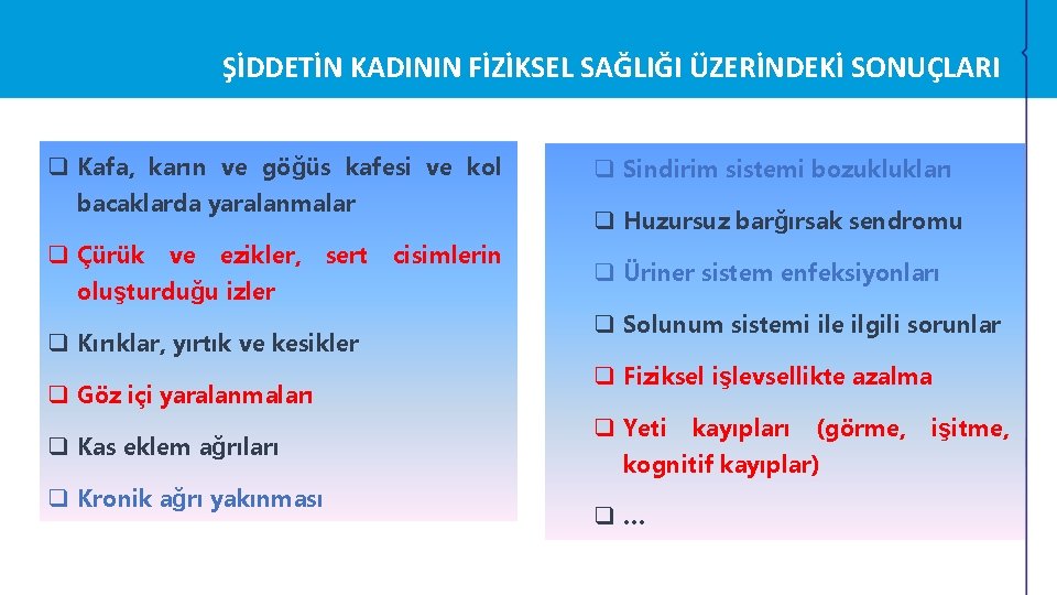 ŞİDDETİN KADININ FİZİKSEL SAĞLIĞI ÜZERİNDEKİ SONUÇLARI q Kafa, karın ve göğüs kafesi ve kol ŞİDDETİN KADININ FİZİKSEL SAĞLIĞI ÜZERİNDEKİ SONUÇLARI q Kafa, karın ve göğüs kafesi ve kol