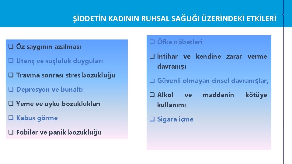 ŞİDDETİN KADININ RUHSAL SAĞLIĞI ÜZERİNDEKİ ETKİLERİ q Öz saygının azalması q Utanç ve suçluluk ŞİDDETİN KADININ RUHSAL SAĞLIĞI ÜZERİNDEKİ ETKİLERİ q Öz saygının azalması q Utanç ve suçluluk