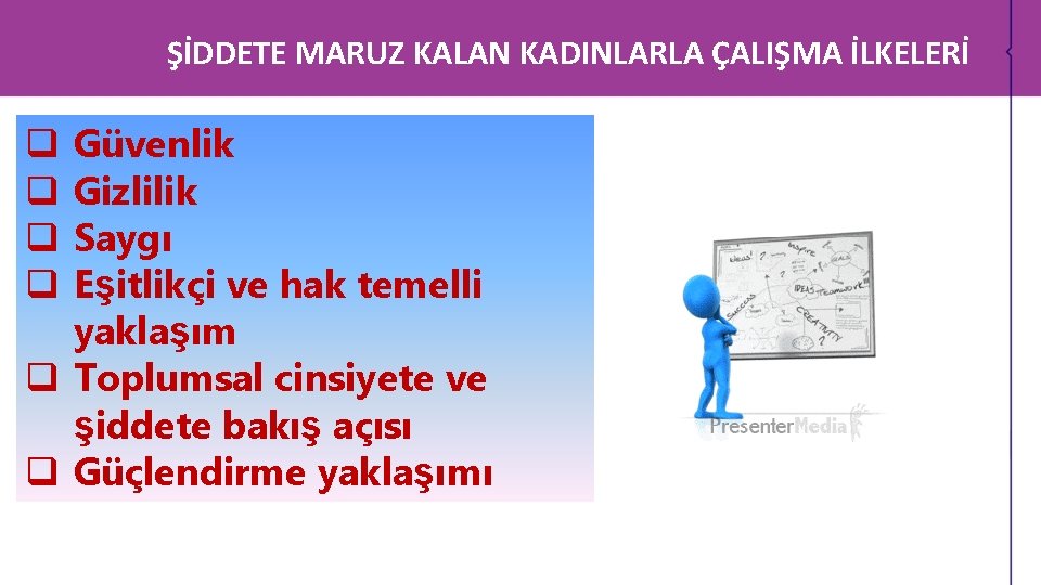 ŞİDDETE MARUZ KALAN KADINLARLA ÇALIŞMA İLKELERİ Güvenlik Gizlilik Saygı Eşitlikçi ve hak temelli yaklaşım ŞİDDETE MARUZ KALAN KADINLARLA ÇALIŞMA İLKELERİ Güvenlik Gizlilik Saygı Eşitlikçi ve hak temelli yaklaşım